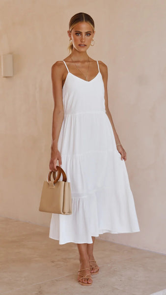 White Slip Tiered Midi Dress
