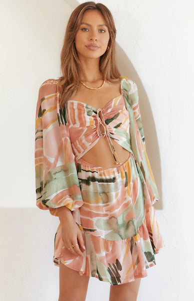 Abstract Print Cutout Waist Mini Dress