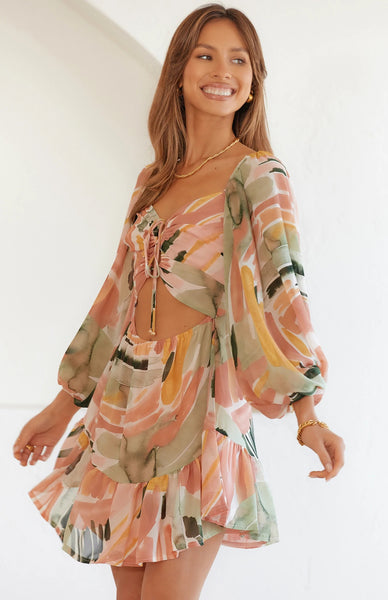Abstract Print Cutout Waist Mini Dress