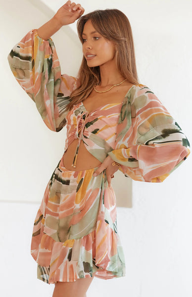 Abstract Print Cutout Waist Mini Dress