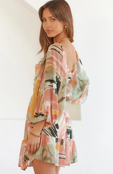 Abstract Print Cutout Waist Mini Dress