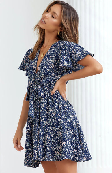 Navy Floral Waist Tie Mini Dress