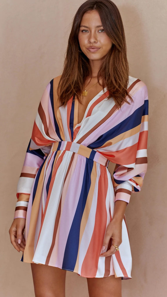 Multicolor Striped Long Sleeves Mini Dress