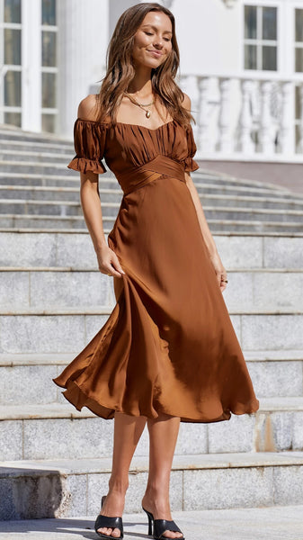 Chocolate Off Shoulder Midi Dress