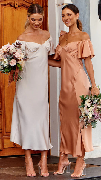 Peach Pink Off Shoulder Midi Dress