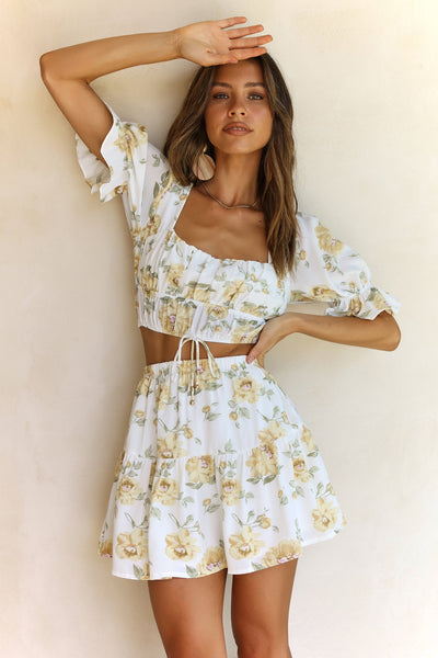 Pastel Yellow Floral Crop Top and Skirt Sets