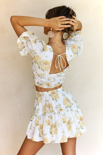 Pastel Yellow Floral Crop Top and Skirt Sets