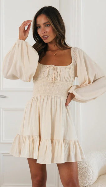 Beige Long Sleeves Pleated Mini Dress