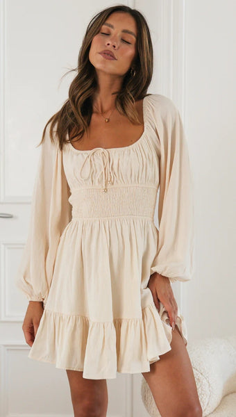 Beige Long Sleeves Pleated Mini Dress