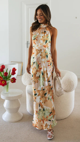 Yellow Floral Halter Maxi Dress