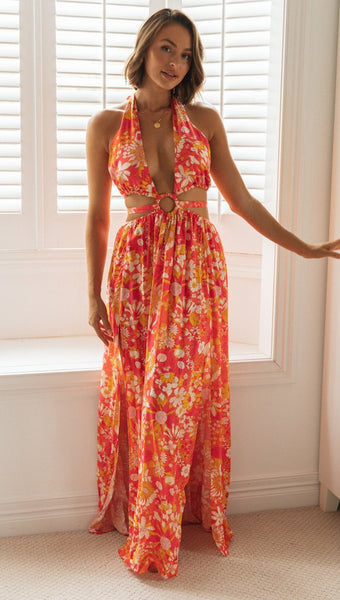 Vibrant Orange Floral High Slit Dress