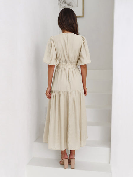 Beige Deep V Neckline Tiered Midi Dress