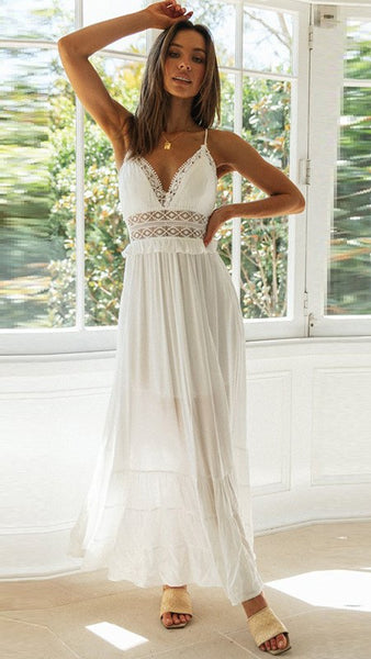 White Lace Paneled Chiffon Slip Dress