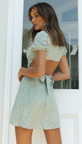 Green Floral Open Back Mini Dress