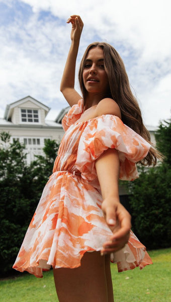 Orange Floral Off the Shoulder Pleated Dress