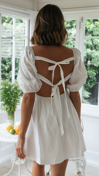 White Button Down Back Bowtie Dress