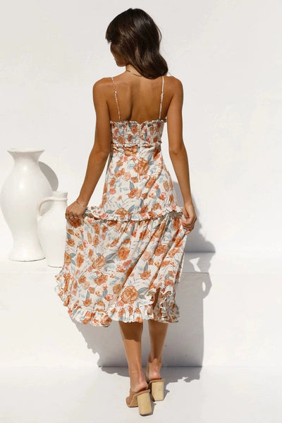 Beige Floral Cutout Midi Dress