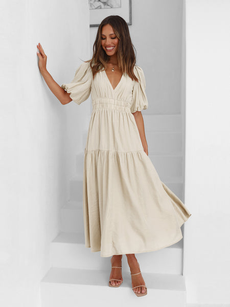 Beige Deep V Neckline Tiered Midi Dress