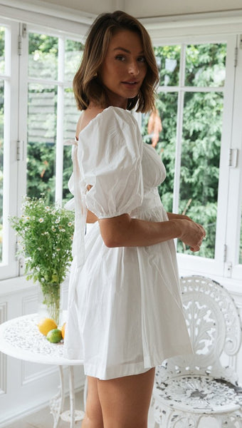 White Button Down Back Bowtie Dress