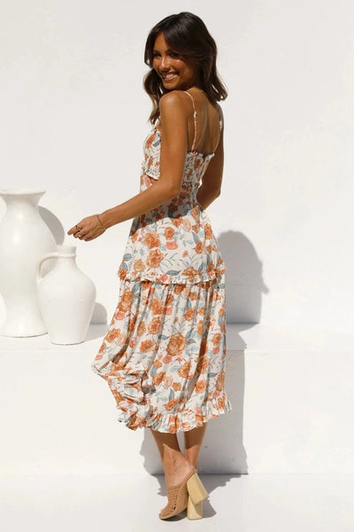 Beige Floral Cutout Midi Dress