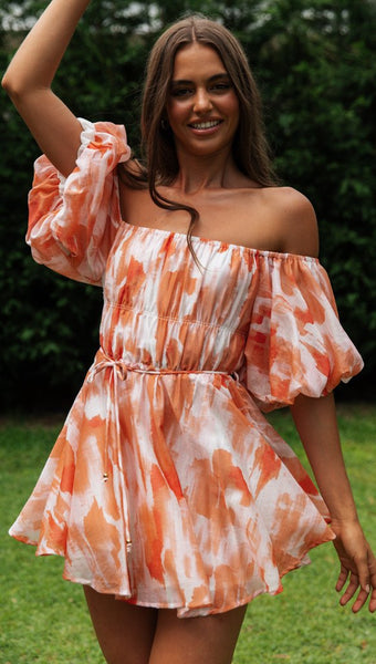 Orange Floral Off the Shoulder Pleated Dress