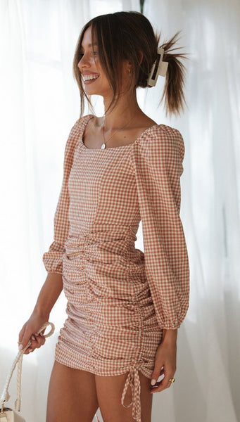 Pink Plaid Long Sleeves Drawstring Dress