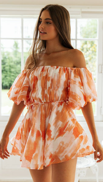 Orange Floral Off the Shoulder Pleated Dress