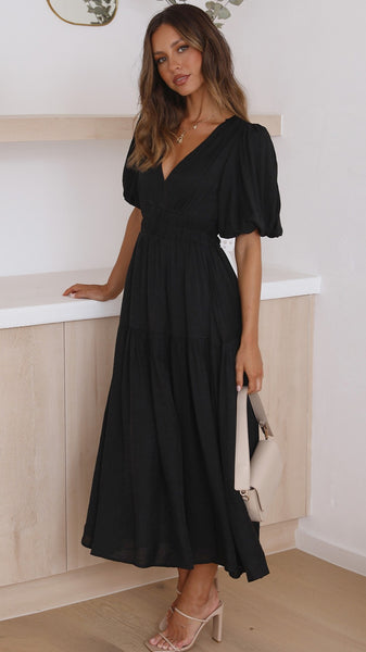 Black Deep V Neckline Tiered Midi Dress