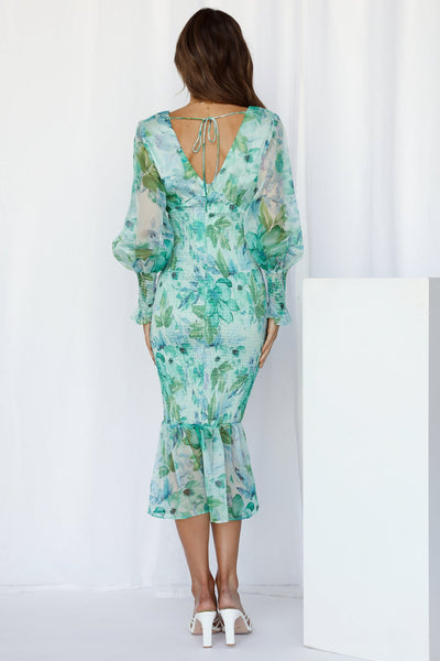 Green Smocked Fishtail Midi Dress
