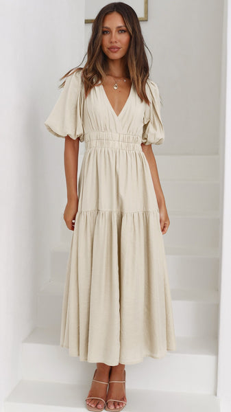 Beige Deep V Neckline Tiered Midi Dress