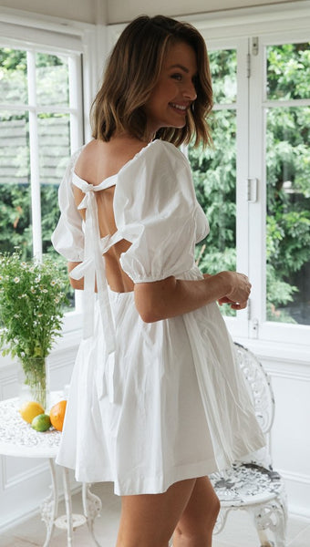 White Button Down Back Bowtie Dress