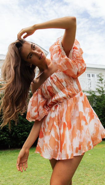 Orange Floral Off the Shoulder Pleated Dress