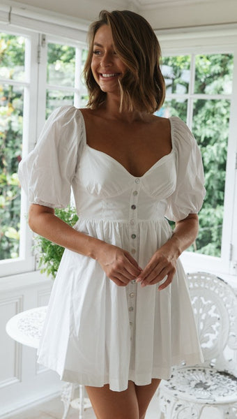 White Button Down Back Bowtie Dress