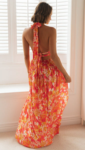 Vibrant Orange Floral High Slit Dress