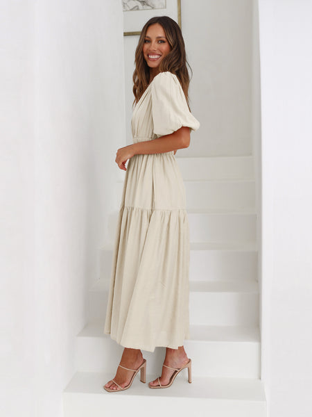 Beige Deep V Neckline Tiered Midi Dress