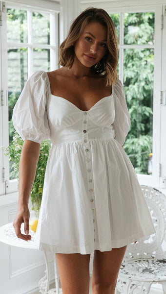 White Button Down Back Bowtie Dress