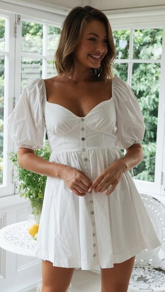 White Button Down Back Bowtie Dress