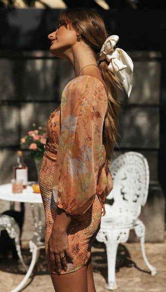 Orange Floral Smocked Bodycon Dress