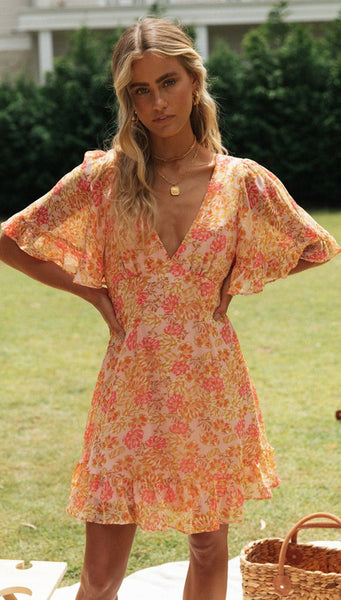Orange Floral Backless Dress