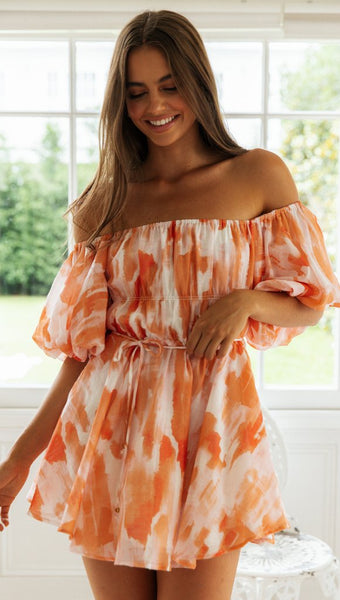 Orange Floral Off the Shoulder Pleated Dress
