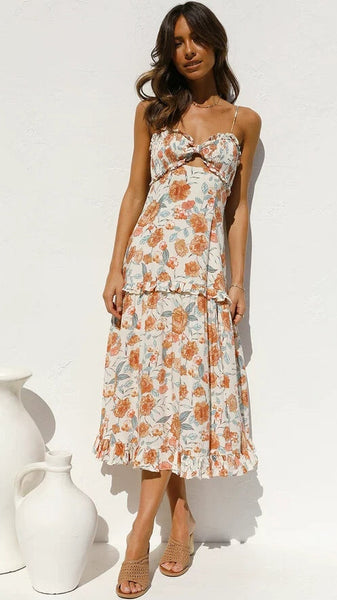 Beige Floral Cutout Midi Dress