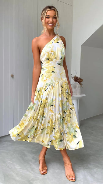 Yellow Floral Foliage Print Midi Dress