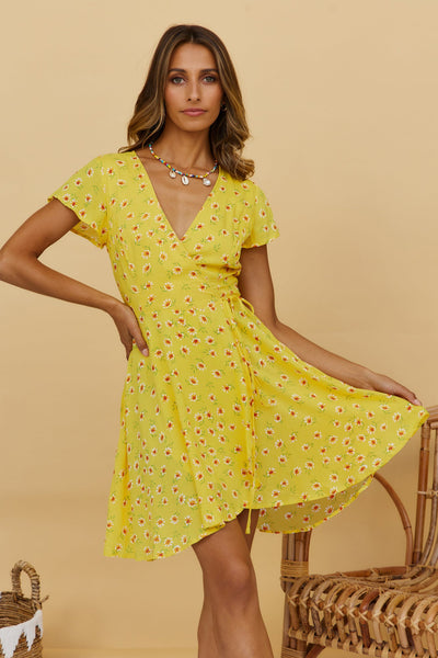 Yellow Floral Surplice Wrap Dress