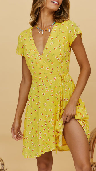 Yellow Floral Surplice Wrap Dress