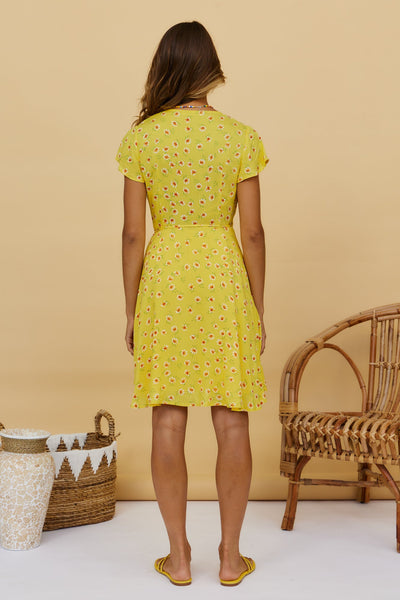 Yellow Floral Surplice Wrap Dress