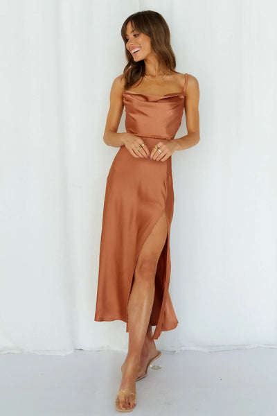 Brown Slip Satin Midi Dress