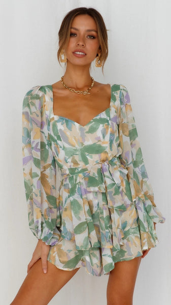Green Foliage Print Long Sleeve Dress
