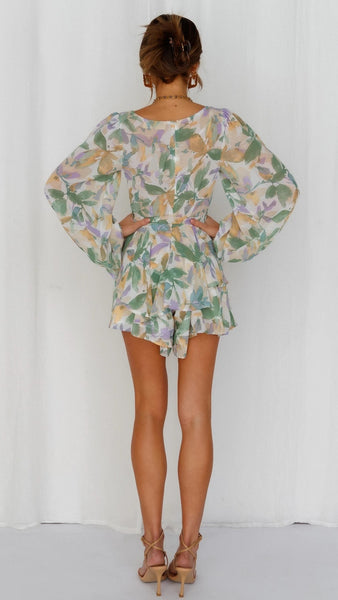 Green Foliage Print Long Sleeve Dress