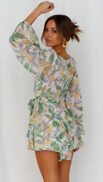 Green Foliage Print Long Sleeve Dress