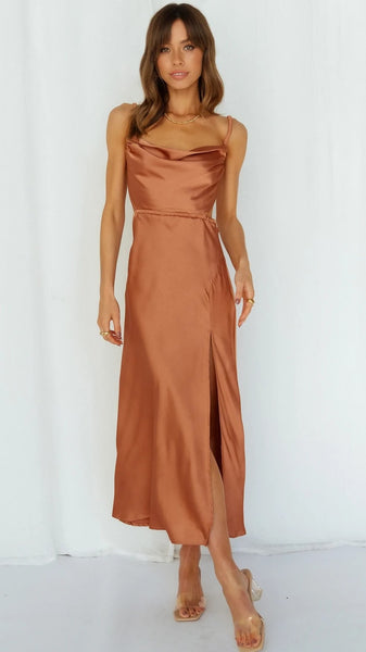 Brown Slip Satin Midi Dress
